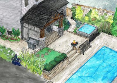 Backyard house addition and pool landscape - colour sketch